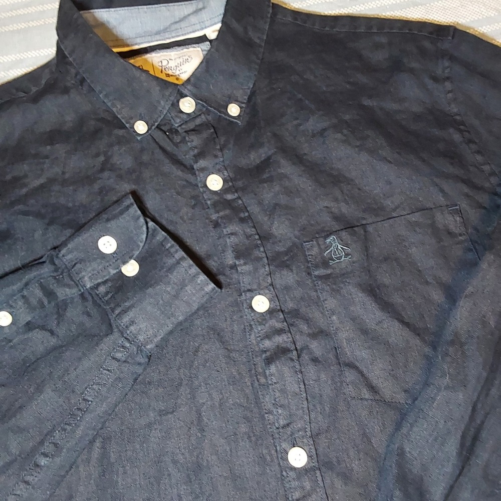 Original Penguin by Munsingwear Men's Med Linen Shirt Long Sleeve Dark Blue